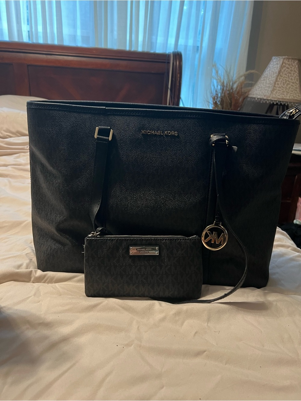 Michael Kors Black Tote with Matching Wristlet and MK Charm